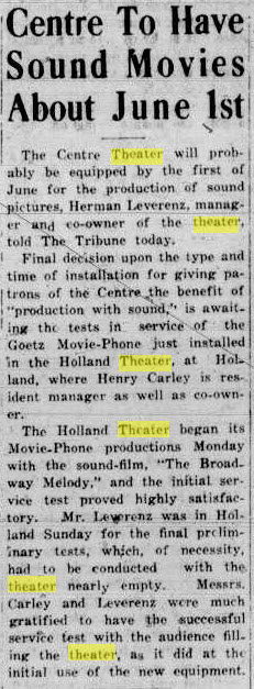 Centre Theater - Apr 16 1929 Article (newer photo)